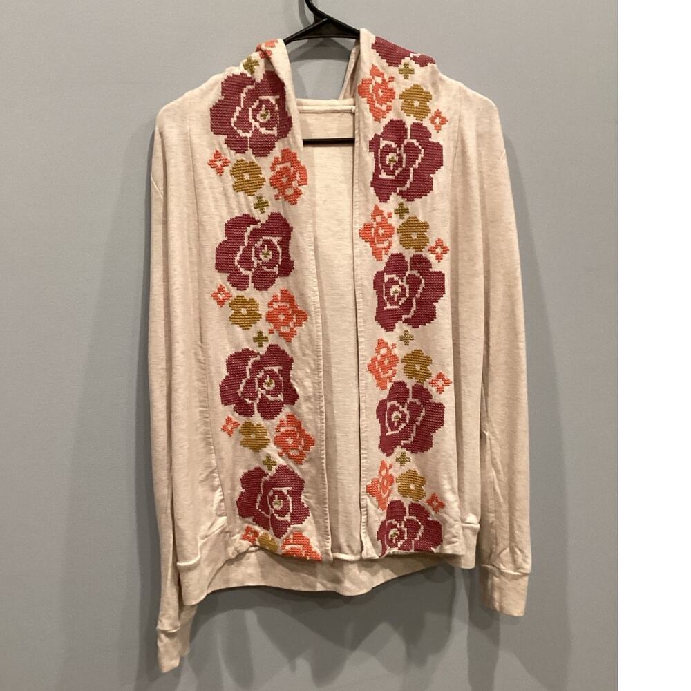 Saturday Sunday‎ Anthropologie Open Cardigan Size XS Embroidered Floral Cream